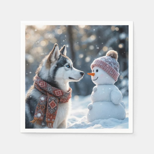 Siberian Husky Looking At a Snowman Napkins (Front)