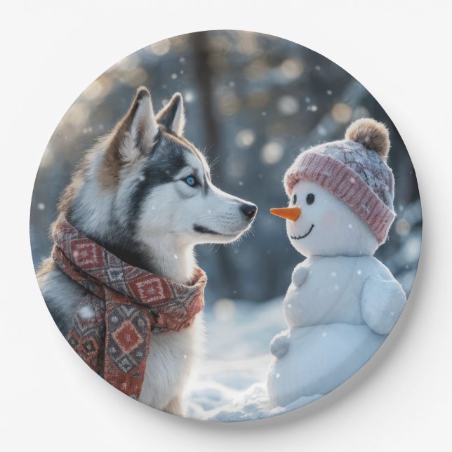 Siberian Husky Looking At a Snowman Paper Plates (Front)