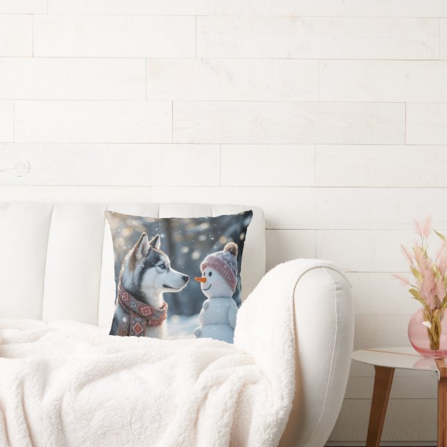 Siberian Husky Looking At a Snowman Throw Pillow (Couch)
