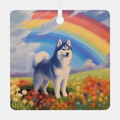 Siberian Husky Memorial Custom Dog Name Rainbow Metal Ornament