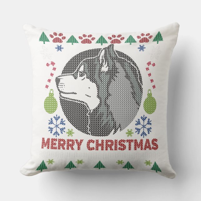 Siberian Husky Merry Christmas Ugly Sweater Design Throw Pillow (Front)