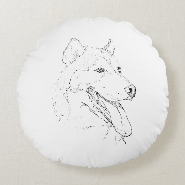 Siberian Husky – Minimalist Dog Line Drawing Round Pillow (Front)