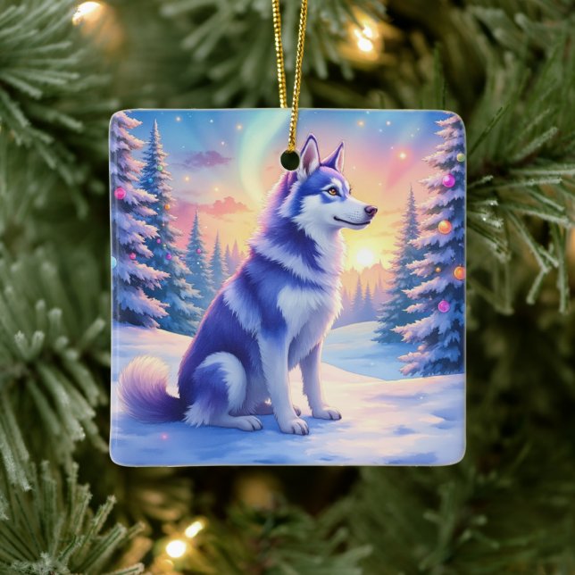 Siberian Husky Northern Lights Christmas Winter Ceramic Ornament (Tree)