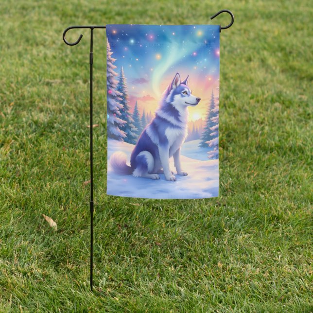Siberian Husky Northern Lights Christmas Winter Garden Flag (In SItu)