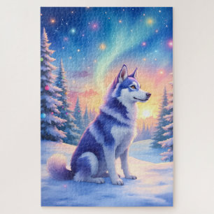 Siberian Husky Northern Lights Christmas Winter Jigsaw Puzzle
