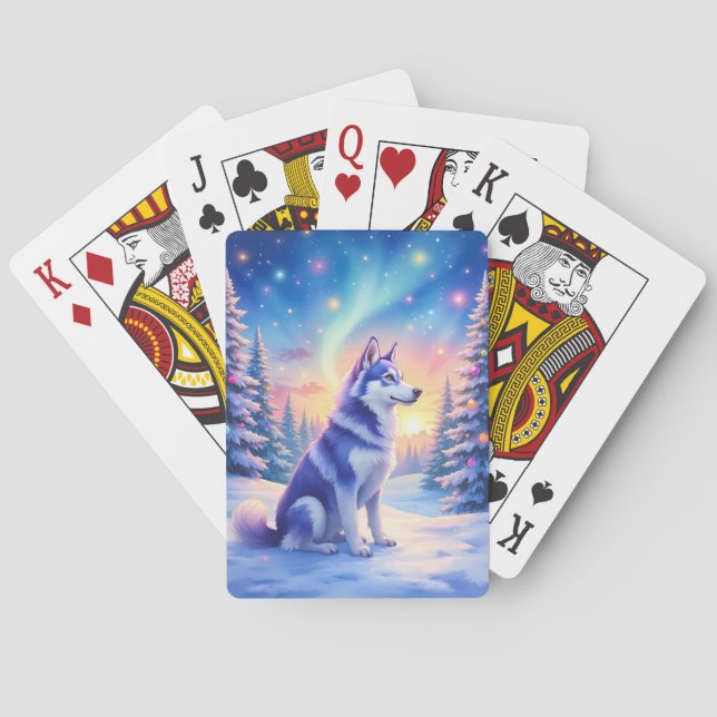 Siberian Husky Northern Lights Christmas Winter Poker Cards (Back)
