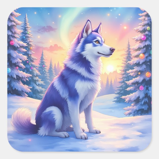 Siberian Husky Northern Lights Christmas Winter Square Sticker (Front)