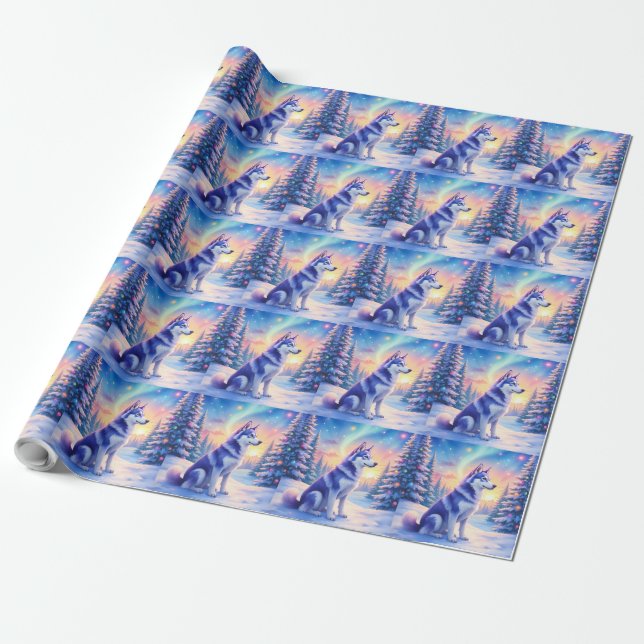 Siberian Husky Northern Lights Christmas Winter Wrapping Paper (Unrolled)