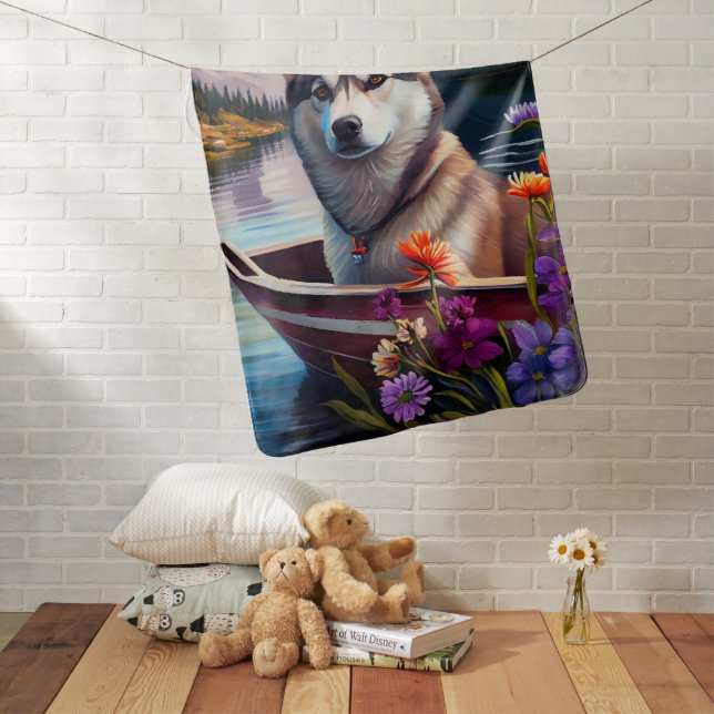 Siberian Husky on a Paddle: A Scenic Adventure Baby Blanket (In Situ)