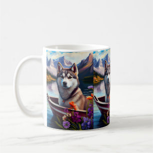 Siberian Husky on a Paddle: A Scenic Adventure Coffee Mug