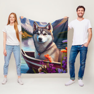 Siberian Husky on a Paddle: A Scenic Adventure Fleece Blanket