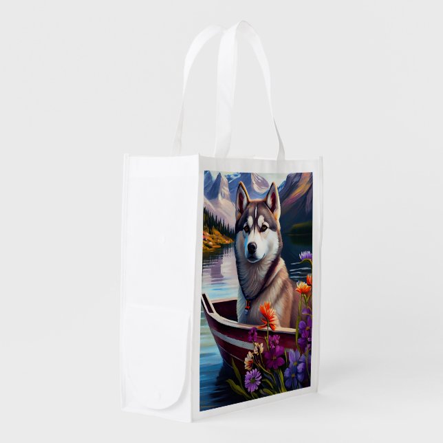 Siberian Husky on a Paddle: A Scenic Adventure Grocery Bag (Front Side)