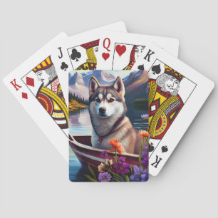 Siberian Husky on a Paddle: A Scenic Adventure Poker Cards
