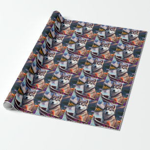 Siberian Husky on a Paddle: A Scenic Adventure Wrapping Paper