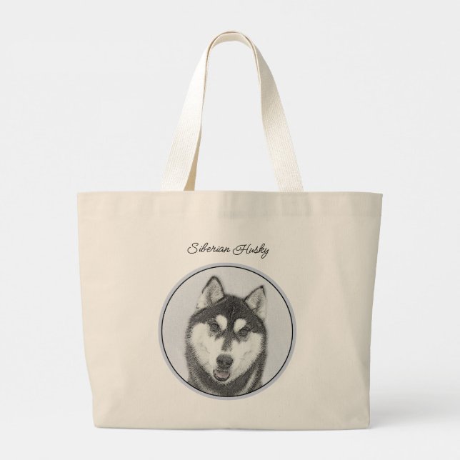 Siberian Husky Painting Black and White Dog Art Large Tote Bag (Back)