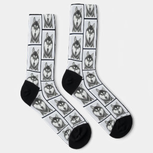 Siberian Husky Painting Black and White Dog Art Socks