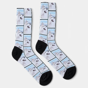 Siberian Husky Painting Silver and White Dog Art Socks
