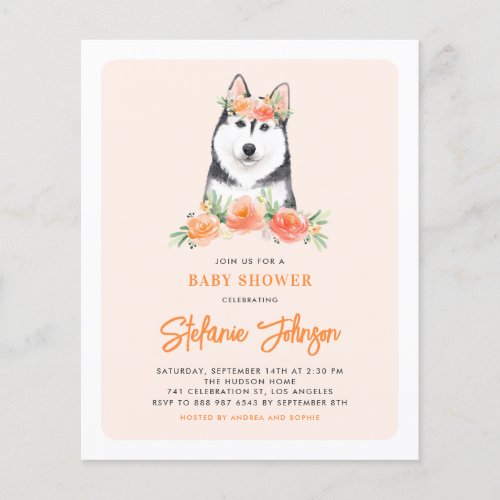 Siberian Husky Peach Floral Baby Shower Invitation