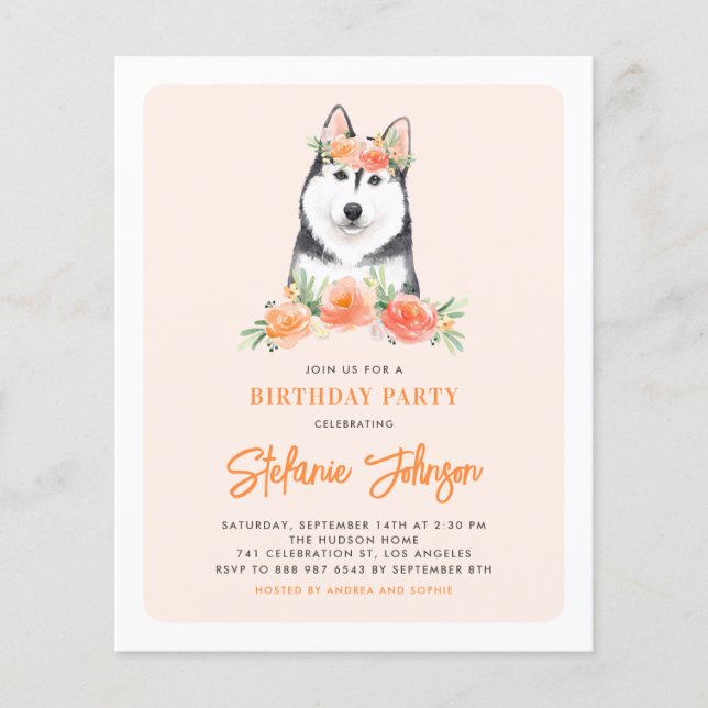 Siberian Husky Peach Floral Birthday Invitation (Front)