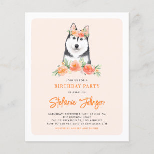 Siberian Husky Peach Floral Birthday Invitation