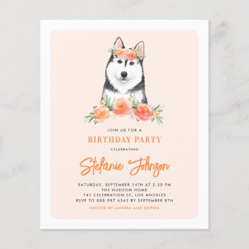 Siberian Husky Peach Floral Birthday Invitation