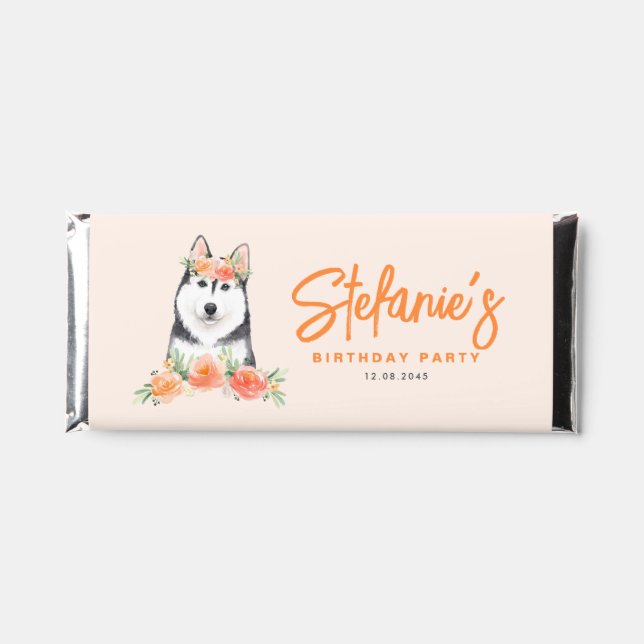 Siberian Husky Peach Flowers Birthday Hershey Bar Favors (Front)