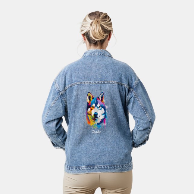 Siberian Husky Personalized Watercolor Art Denim Jacket (Model)