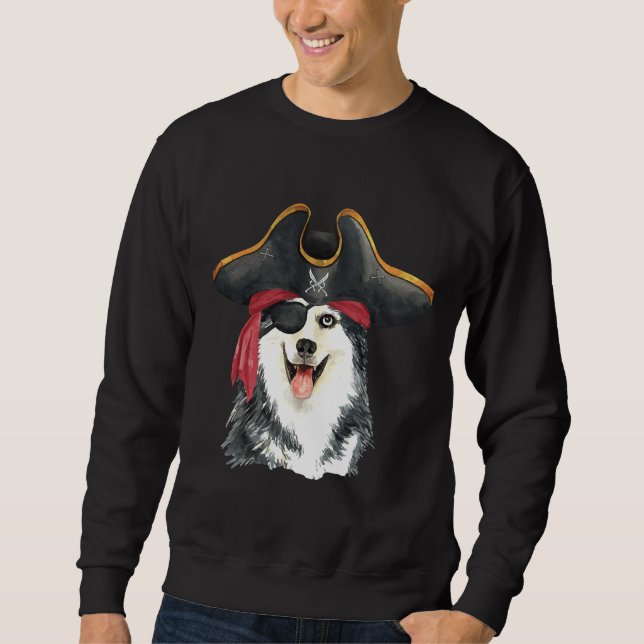 Siberian Husky Pirate Hand Drawn Watercolor Sweatshirt (Front)