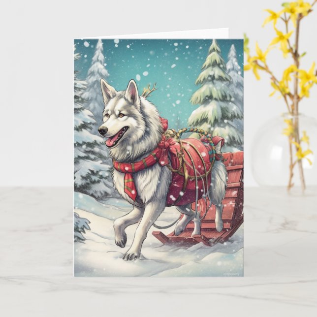 Siberian Husky Pulling a Sleigh Card (Yellow Flower)