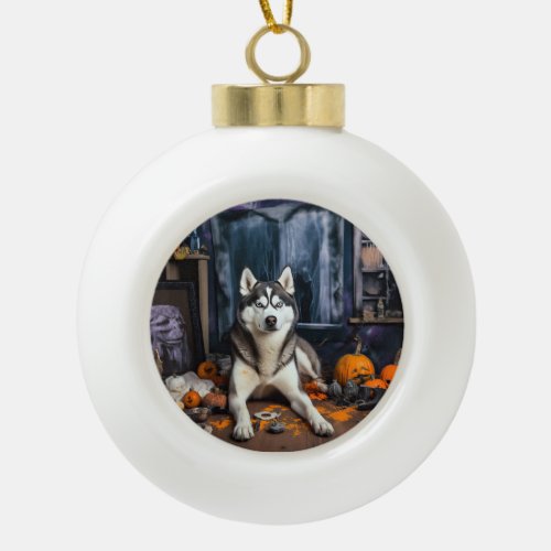 Siberian Husky Pumpkins Halloween Scary Ceramic Ball Christmas Ornament