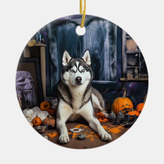 Siberian Husky Pumpkins Halloween Scary Ceramic Ornament (Front)