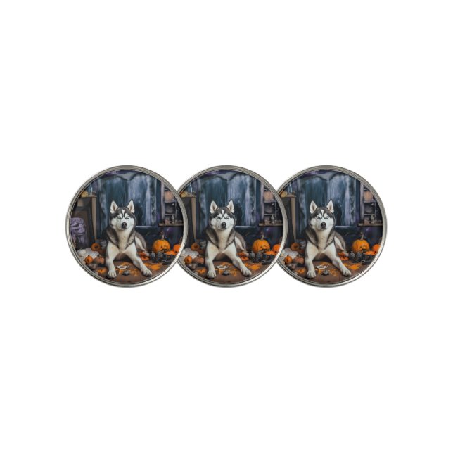 Siberian Husky Pumpkins Halloween Scary Golf Ball Marker (3 Up)