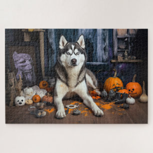 Siberian Husky Pumpkins Halloween Scary Jigsaw Puzzle