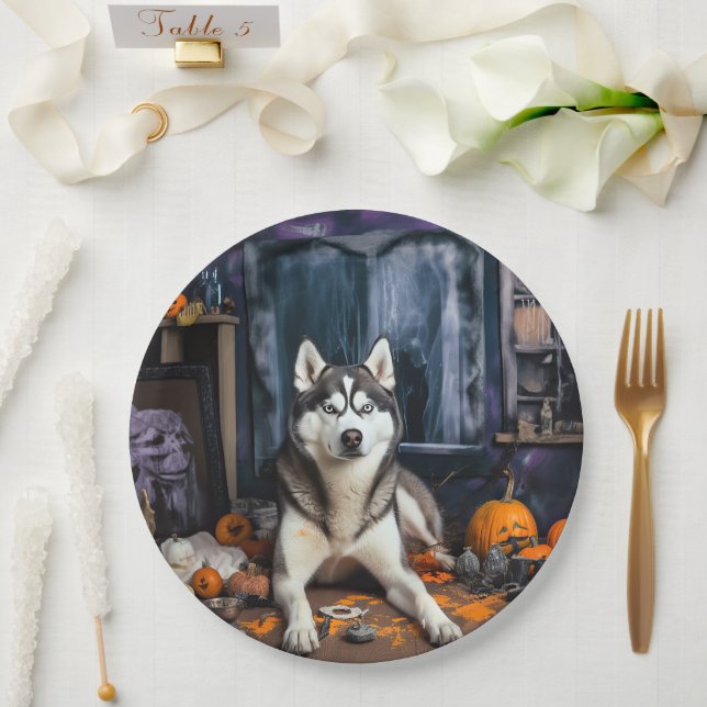 Siberian Husky Pumpkins Halloween Scary Paper Plates (Wedding)