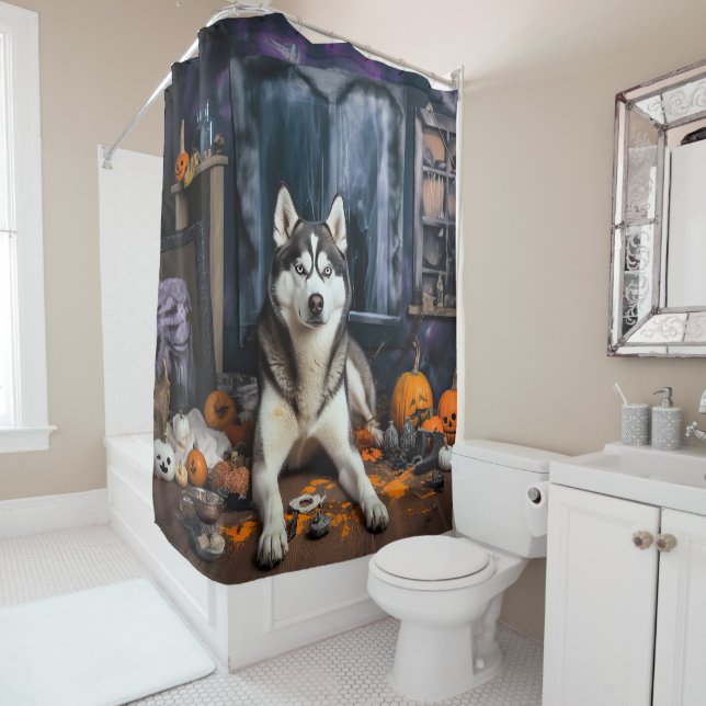Siberian Husky Pumpkins Halloween Scary Shower Curtain (In Situ)