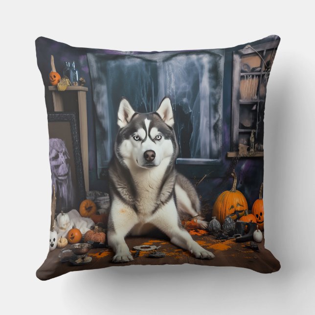 Siberian Husky Pumpkins Halloween Scary Throw Pillow (Back)