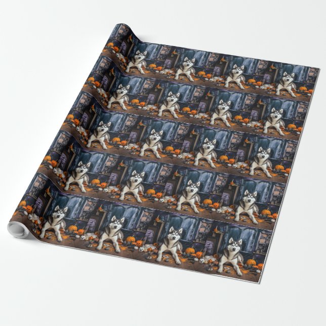 Siberian Husky Pumpkins Halloween Scary Wrapping Paper (Unrolled)