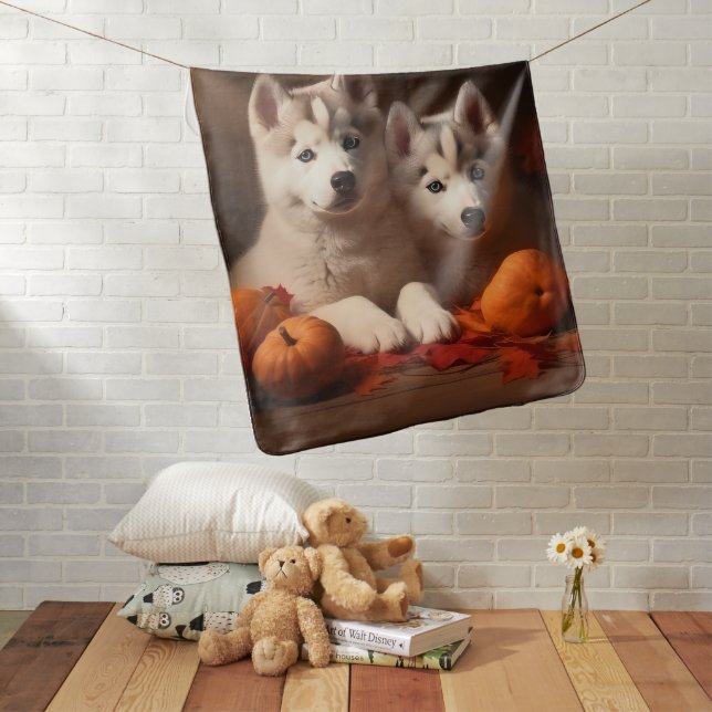 Siberian Husky Puppy Autumn Delight Pumpkin  Baby Blanket (In Situ)