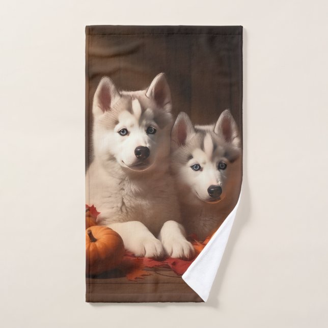 Siberian Husky Puppy Autumn Delight Pumpkin  Bath Towel Set (Hand Towel)