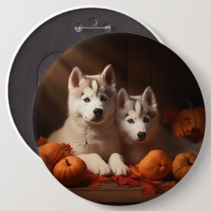 Siberian Husky Puppy Autumn Delight Pumpkin Button