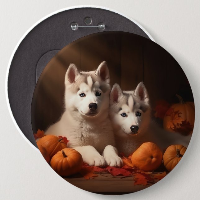 Siberian Husky Puppy Autumn Delight Pumpkin  Button (Front & Back)