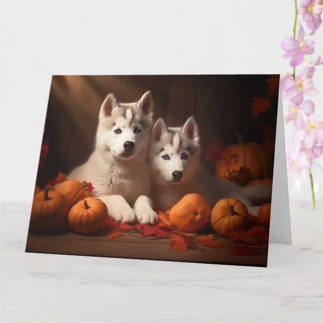 Siberian Husky Puppy Autumn Delight Pumpkin  Card (Orchid)