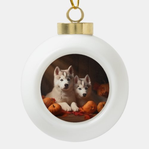 Siberian Husky Puppy Autumn Delight Pumpkin  Ceramic Ball Christmas Ornament