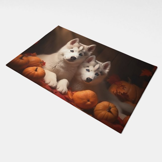 Siberian Husky Puppy Autumn Delight Pumpkin  Doormat (Angled)