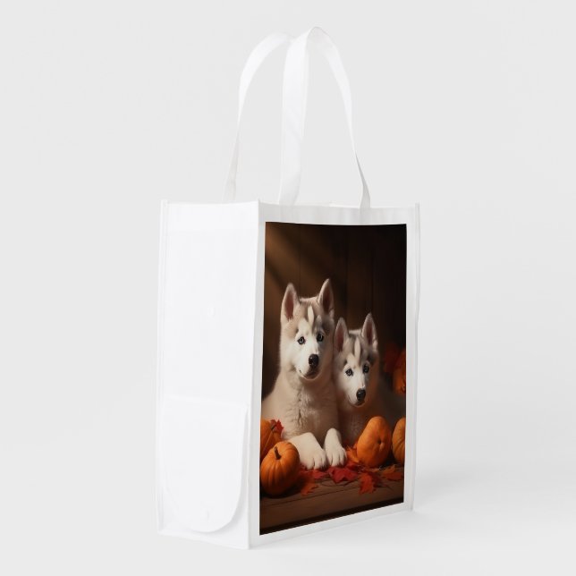 Siberian Husky Puppy Autumn Delight Pumpkin  Grocery Bag (Front Side)