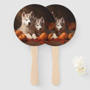 Siberian Husky Puppy Autumn Delight Pumpkin Hand Fan