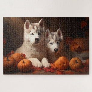 Siberian Husky Puppy Autumn Delight Pumpkin  Jigsaw Puzzle