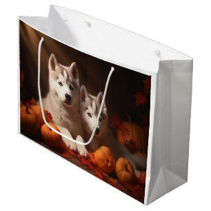 Siberian Husky Puppy Autumn Delight Pumpkin Large Gift Bag