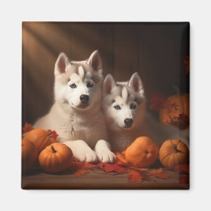 Siberian Husky Puppy Autumn Delight Pumpkin Magnet
