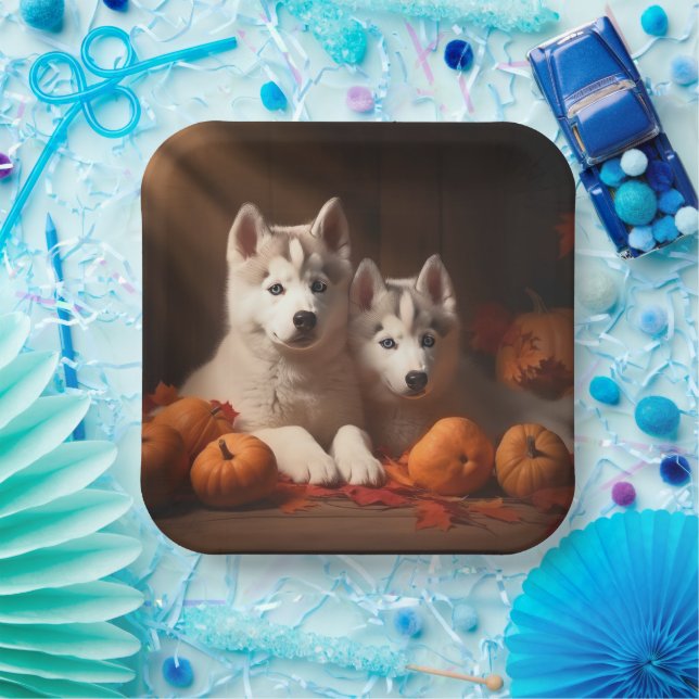 Siberian Husky Puppy Autumn Delight Pumpkin  Paper Plates (Party)